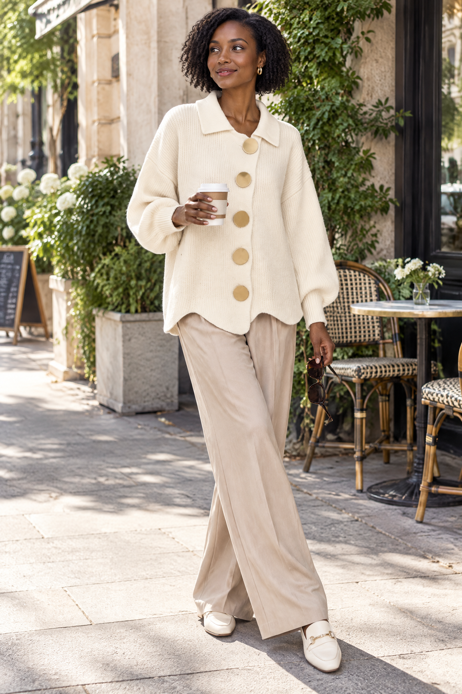 Cardigan oversize crème à col | Photo lifestyle | Lounelle Paris