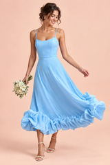 Sky Blue Fit-and-Flare Ruffle-Hem Midi Dress