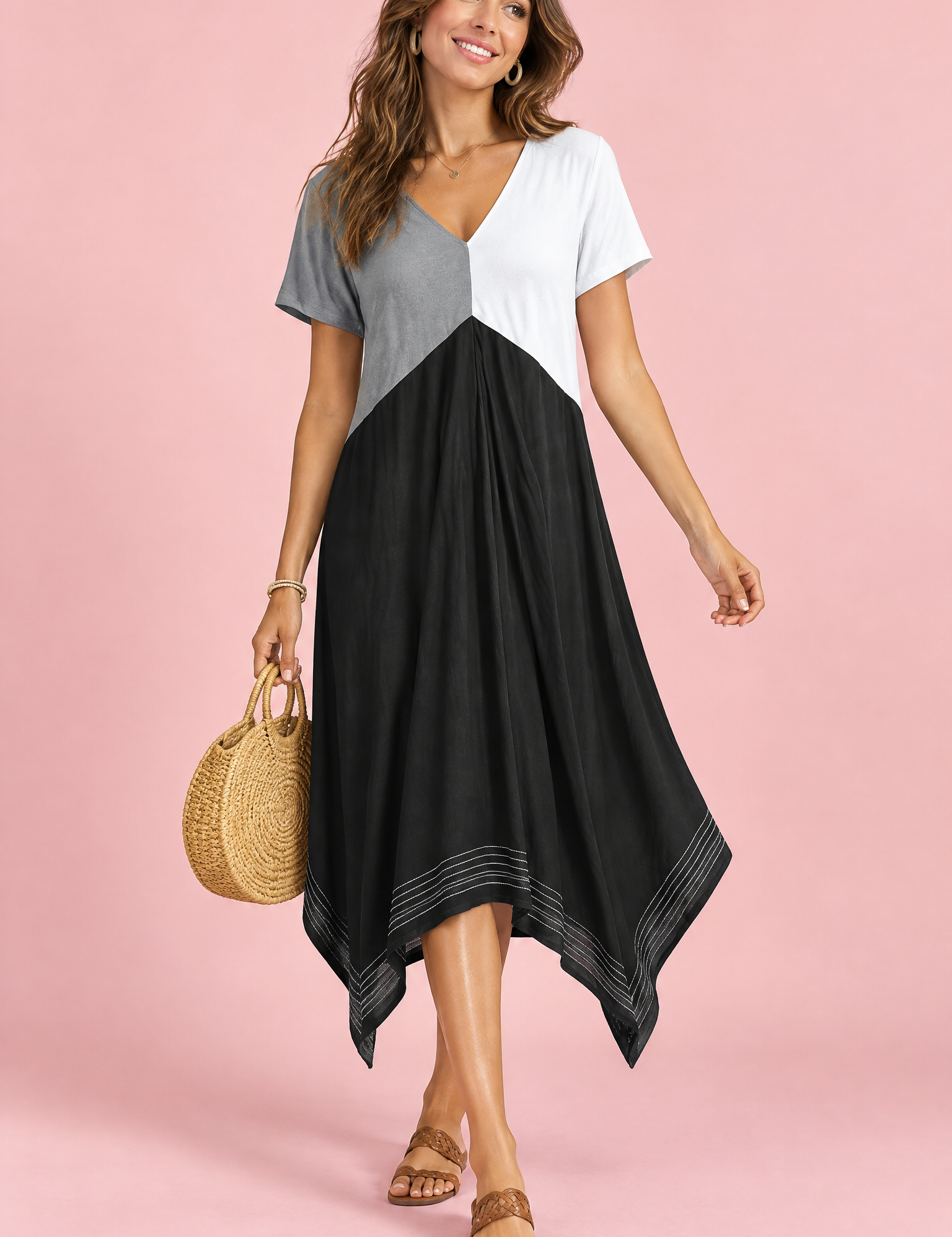 Robe midi noire asymétrique à col V | Vue de face | Lounelle Paris