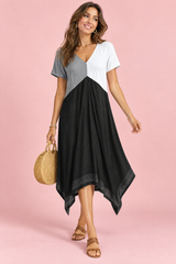 Asymmetric Black V-Neck Midi Dress