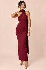 Burgundy Asymmetric-Neck Maxi Dress With Collar