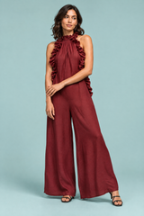 Brick Red Maxi Ruffle Halter Dress