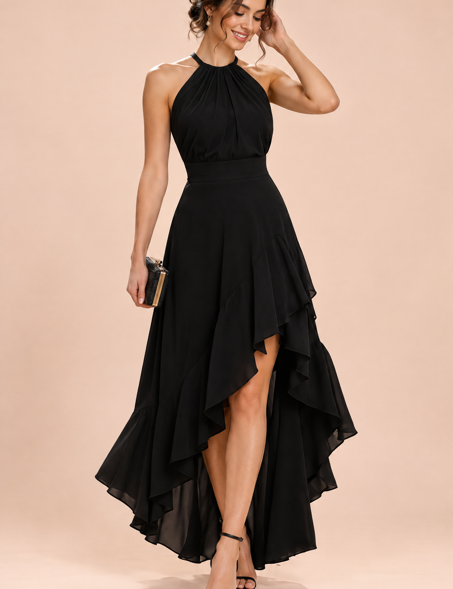Robe noire à volants asymétriques et encolure dos nu | Vue de face | Lounelle Paris
