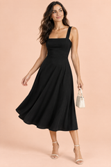Black A-Line Spaghetti-Strap Midi Dress