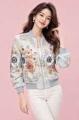 Floral Embellished Light Blue Bomber Jacket