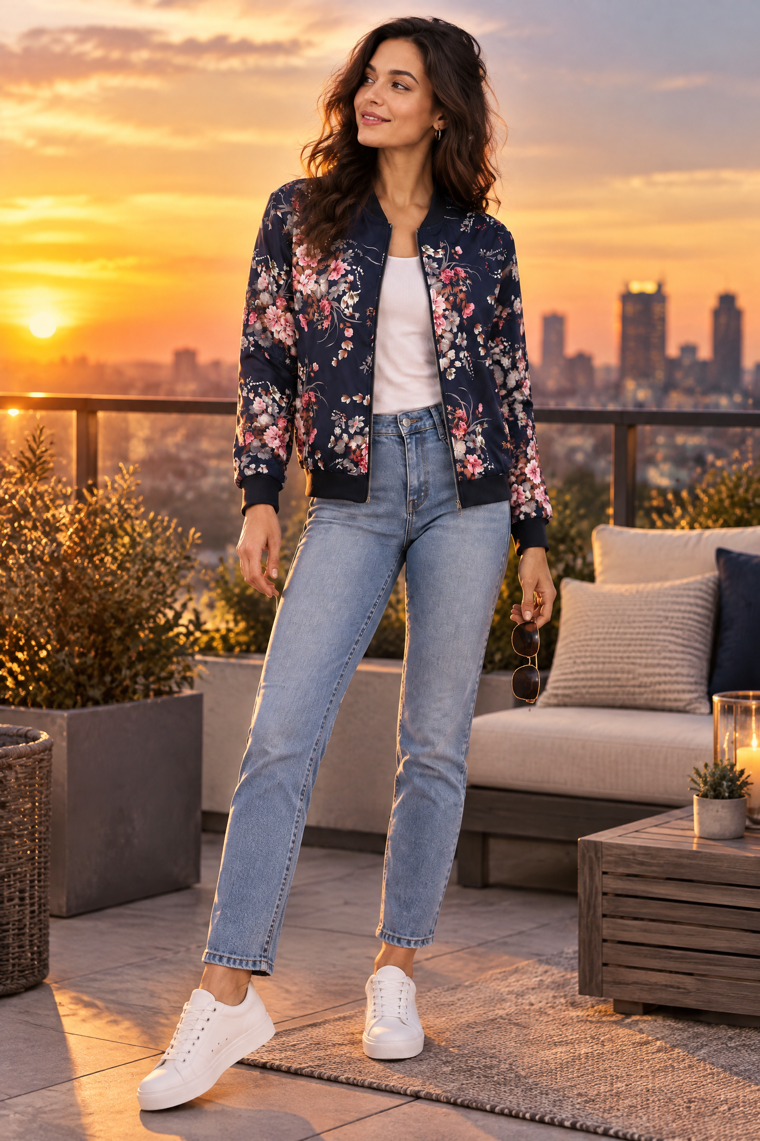 Veste bomber fleurie ajustée bleu marine | Deuxième photo lifestyle | Lounelle Paris