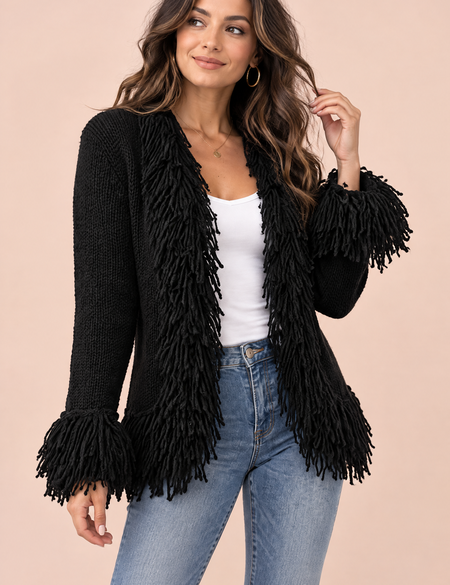 Gilet noir à franges | Vue de face | Lounelle Paris