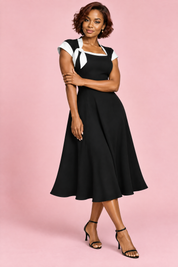 Robe midi noire trapèze à bordures contrastantes | Porté sur une autre silhouette | Lounelle Paris