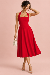 Red midi dress with a fit-and-flare skirt and square neck