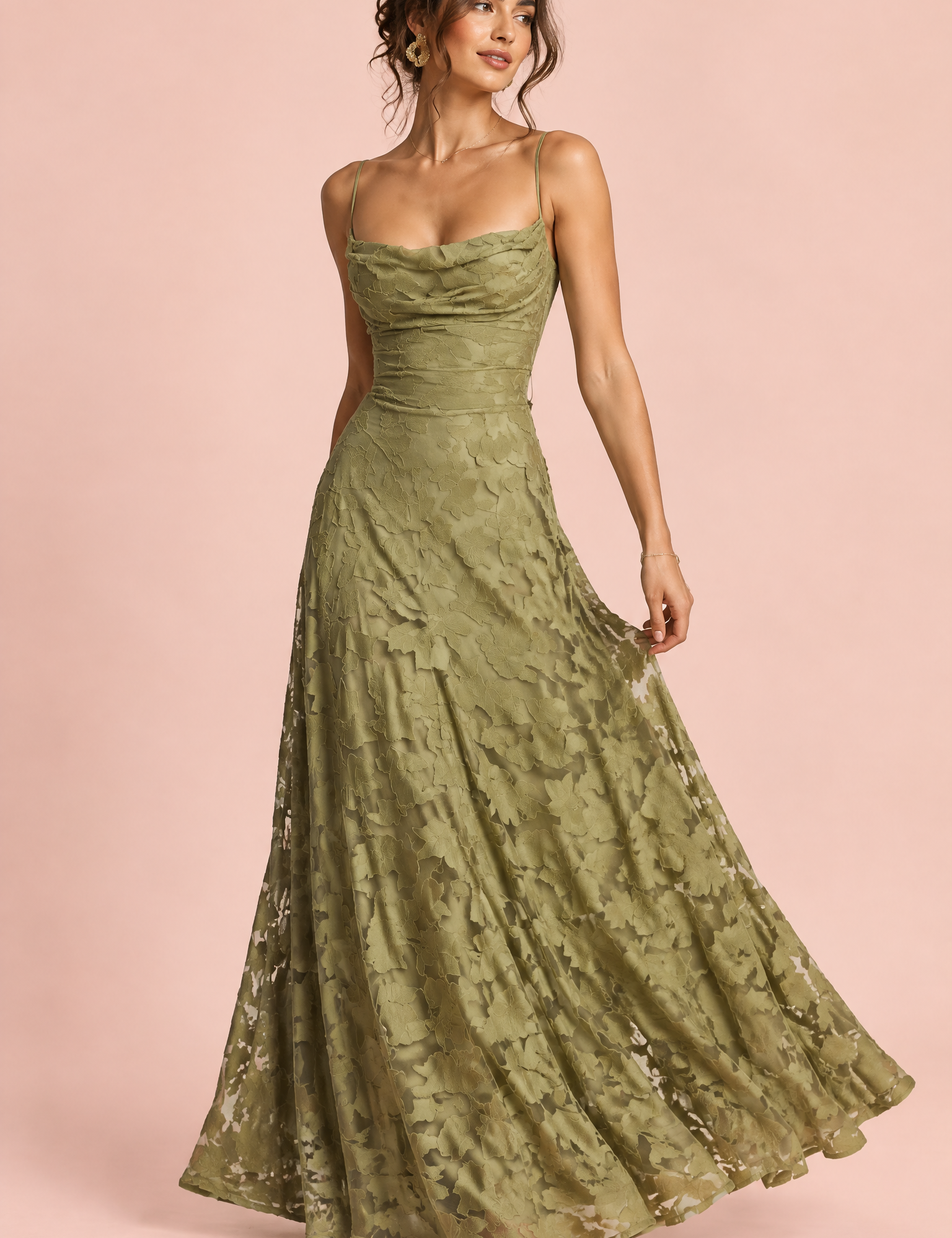 Robe longue fleurie olive à col bénitier | Vue de face | Lounelle Paris