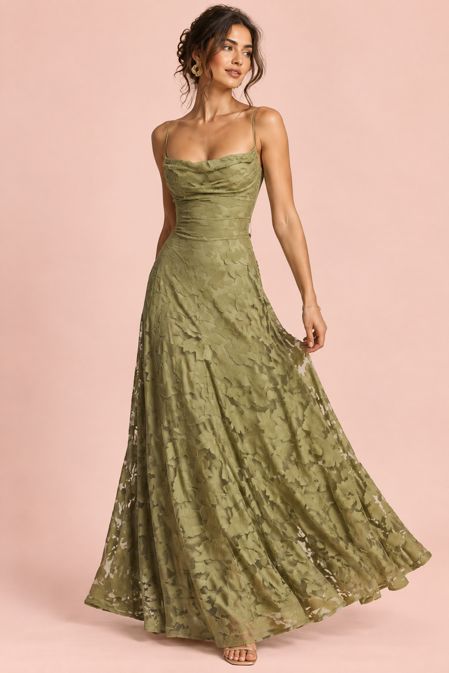 Robe longue fleurie olive à col bénitier | Vue de face | Lounelle Paris