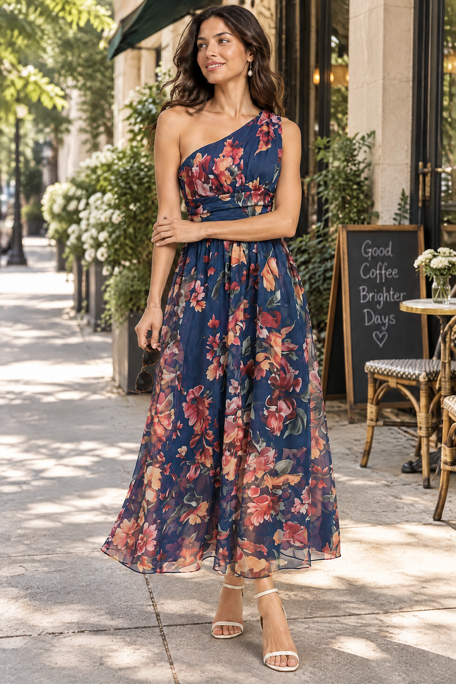 Robe longue fleurie bleue à une épaule, coupe trapèze | Photo lifestyle | Lounelle Paris