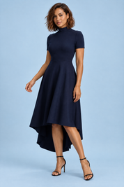 Robe midi asymétrique à col montant bleu marine | Vue de face | Lounelle Paris