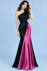 Black and Rose Magenta One-Shoulder Gown