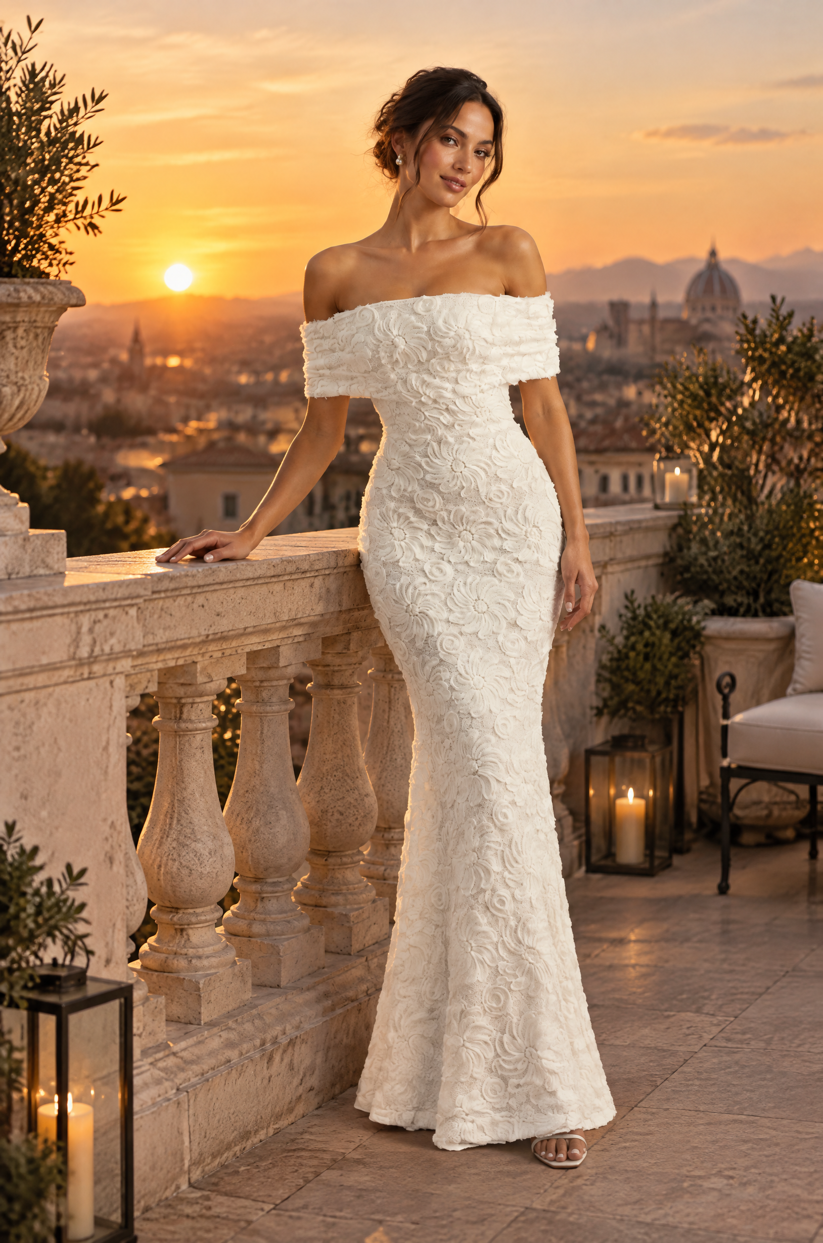 Robe longue blanche en dentelle à encolure Bardot | Deuxième photo lifestyle | Lounelle Paris
