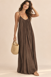 Robe longue fluide dos nu marron | Vue de face | Lounelle Paris