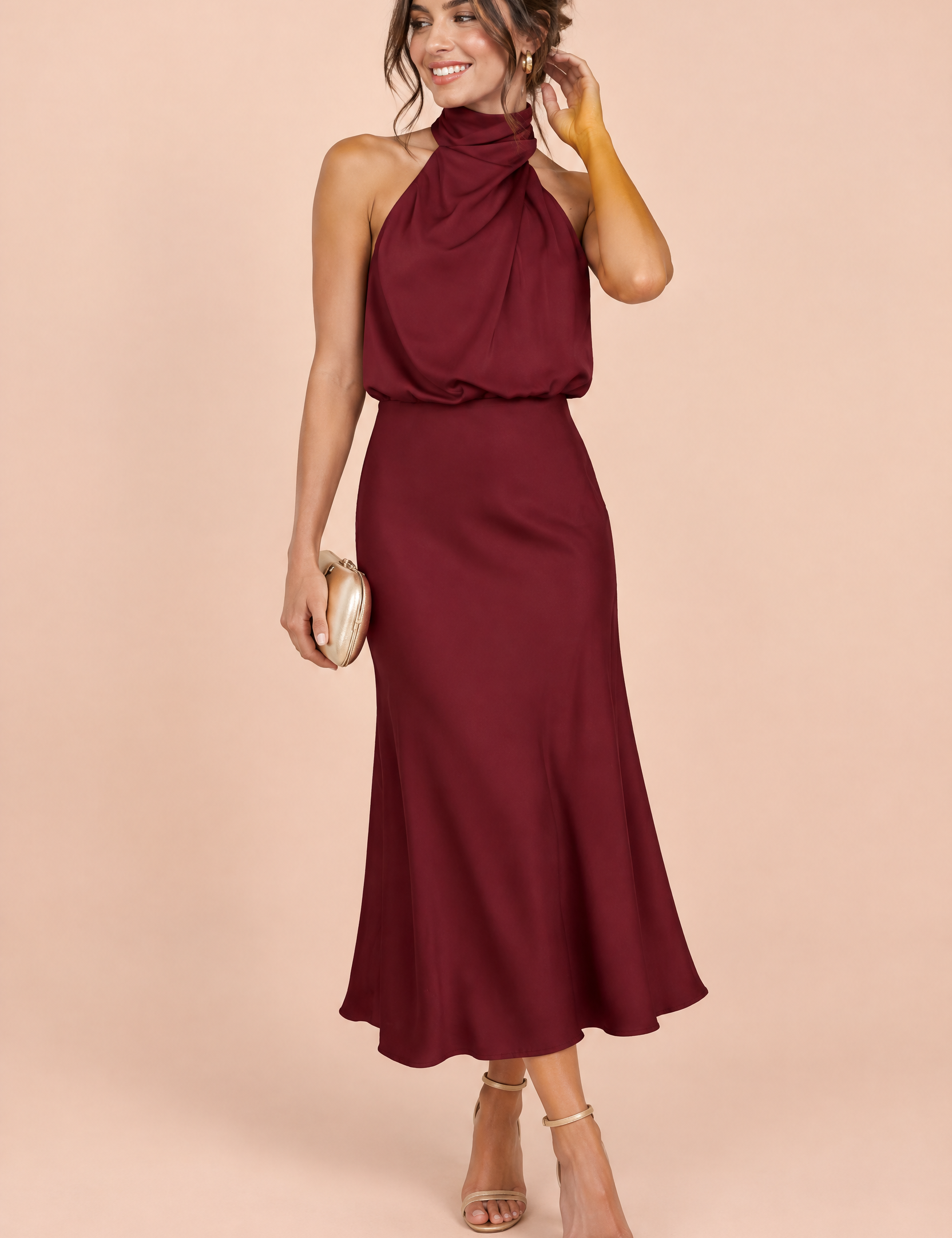 Robe midi trapèze bordeaux à col foulard | Vue de face | Lounelle Paris