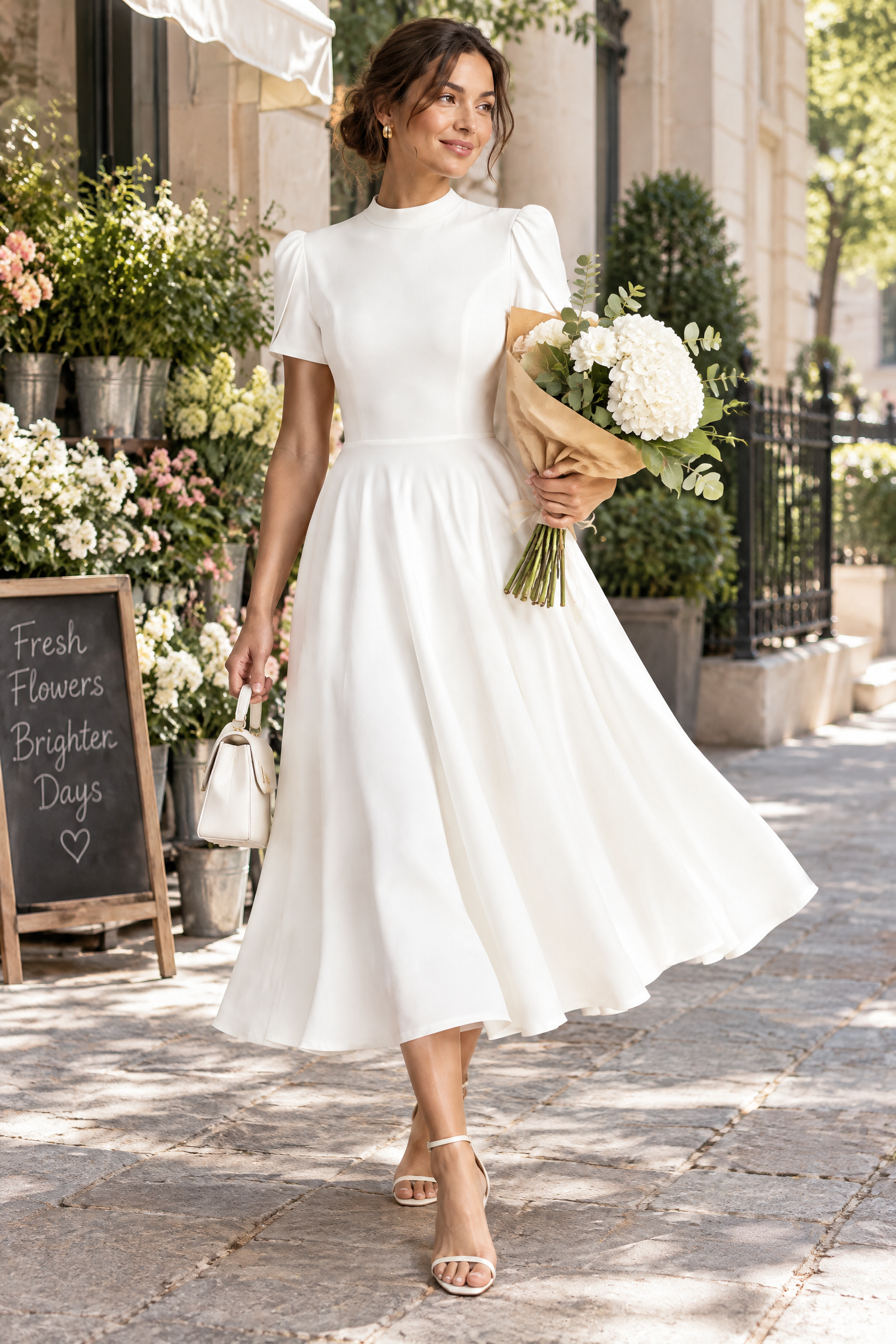 Robe midi blanche à col montant et manches bouffantes | Photo lifestyle | Lounelle Paris