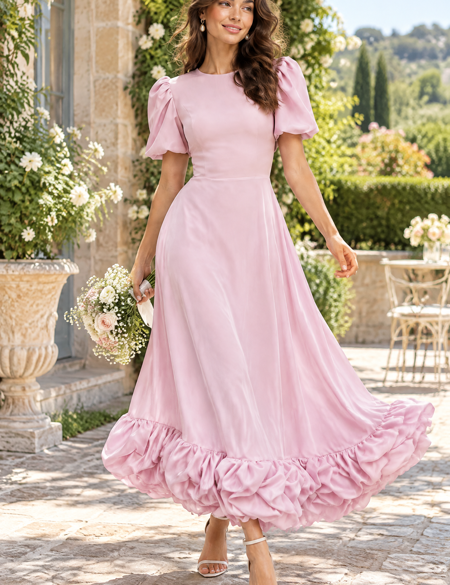 Robe longue rose à manches bouffantes et volant | Photo lifestyle | Lounelle Paris