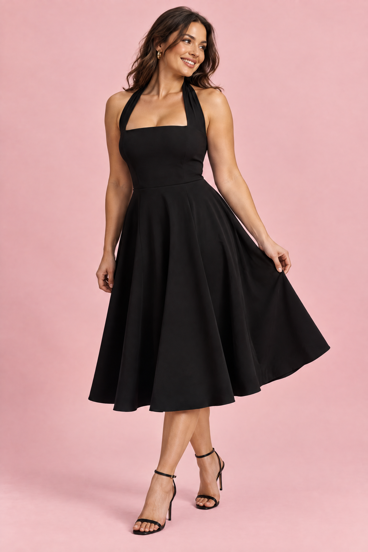 Robe midi patineuse noire à col américain | Porté sur une autre silhouette | Lounelle Paris