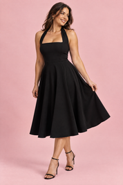 Robe midi patineuse noire à col américain | Porté sur une autre silhouette | Lounelle Paris