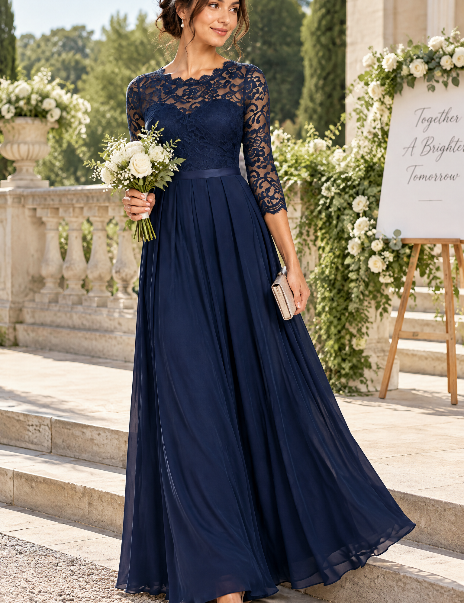 Robe longue bleu marine à empiècement en dentelle | Photo lifestyle | Lounelle Paris