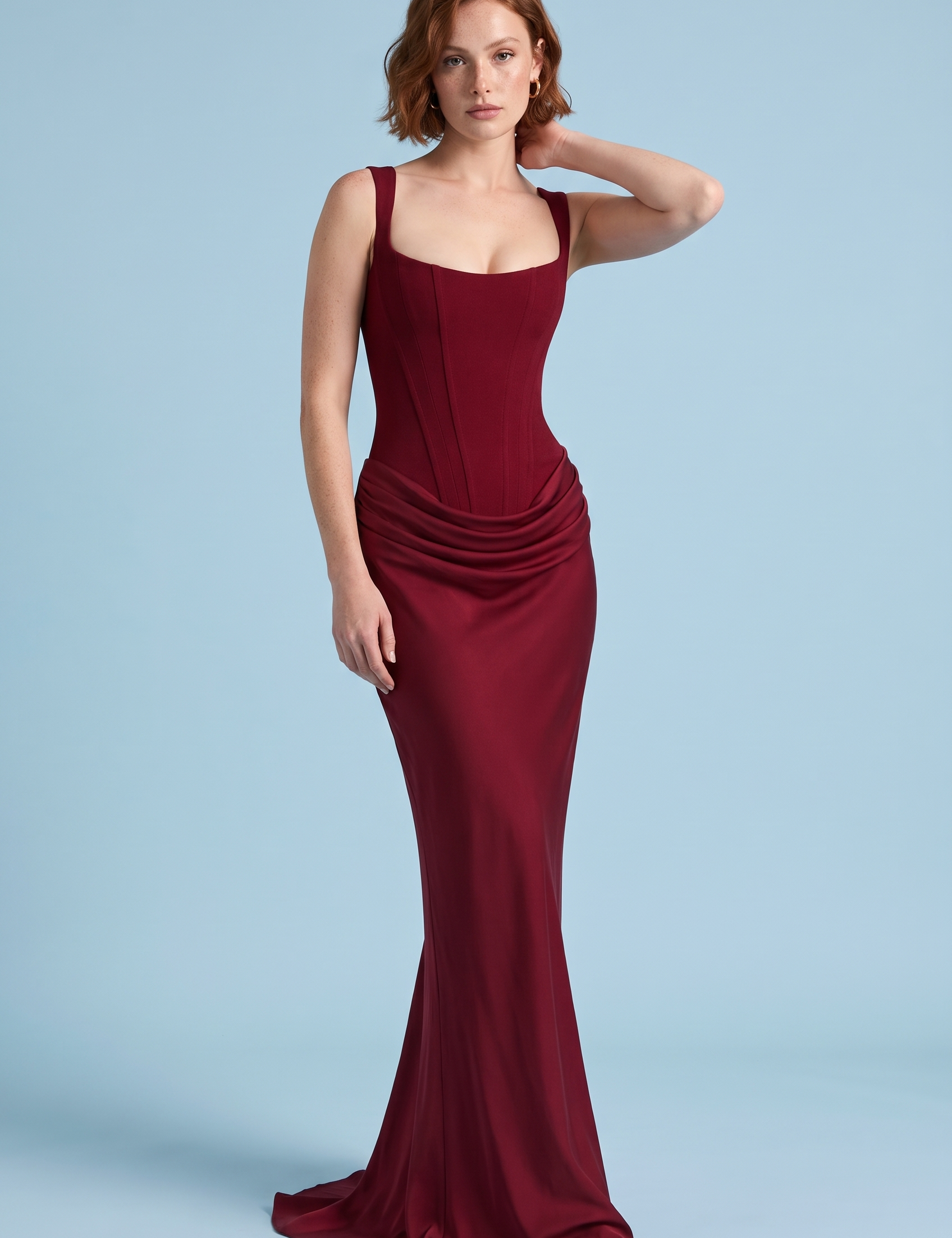 Robe longue bordeaux froncée à encolure carrée | Vue de face | Lounelle Paris