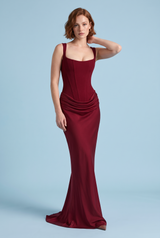 Burgundy Square-Neck Ruched Maxi Dress