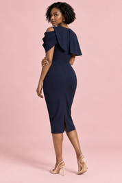 Robe midi moulante Berry avec cape drapée — Bleu marine | Vue de dos | Lounelle Paris