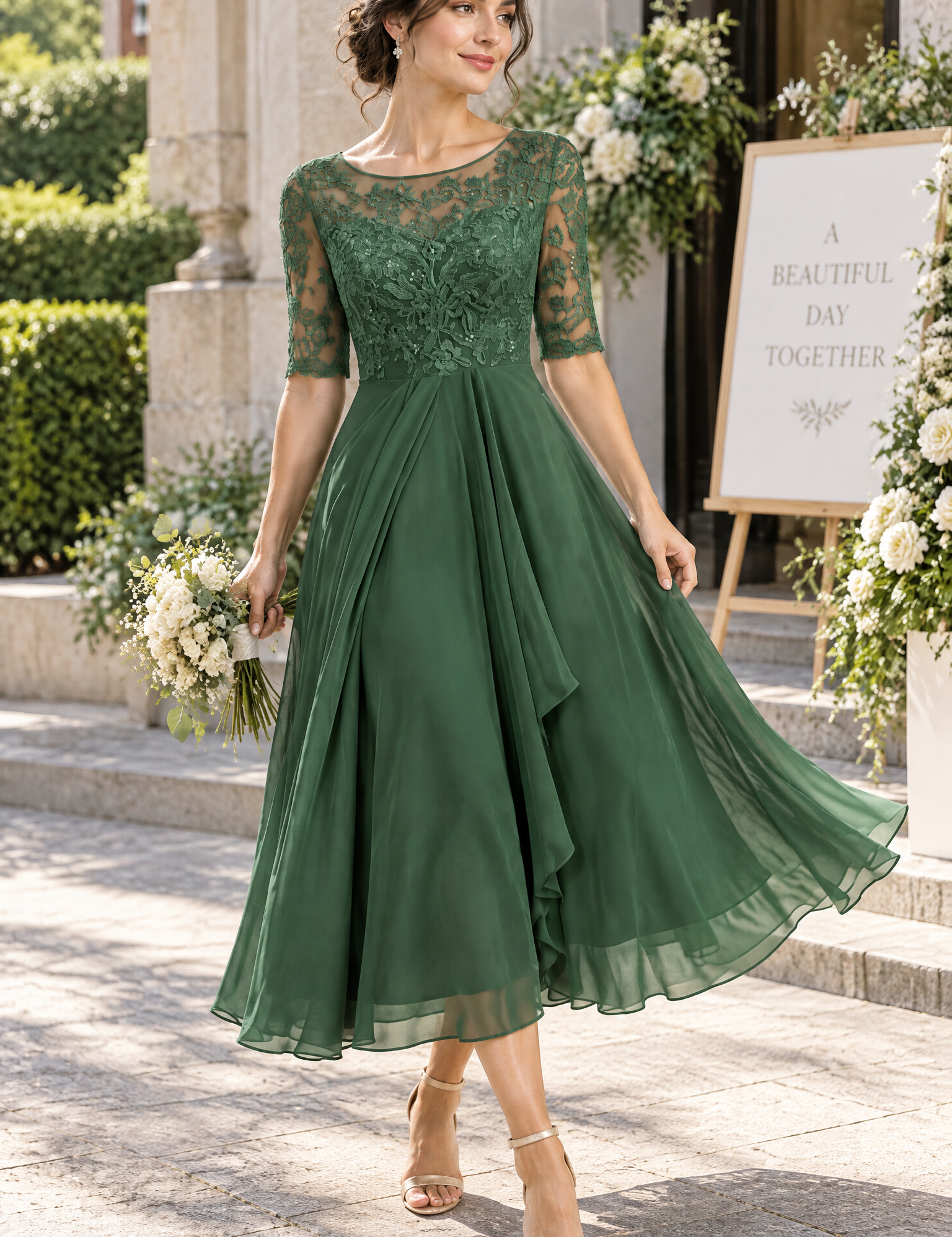 Robe en mousseline à corsage brodé vert forêt | Photo lifestyle | Lounelle Paris