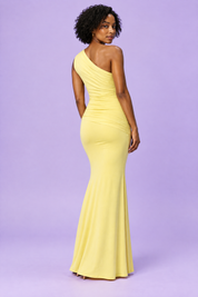 Robe longue asymétrique jaune à fronces | Vue de dos | Lounelle Paris