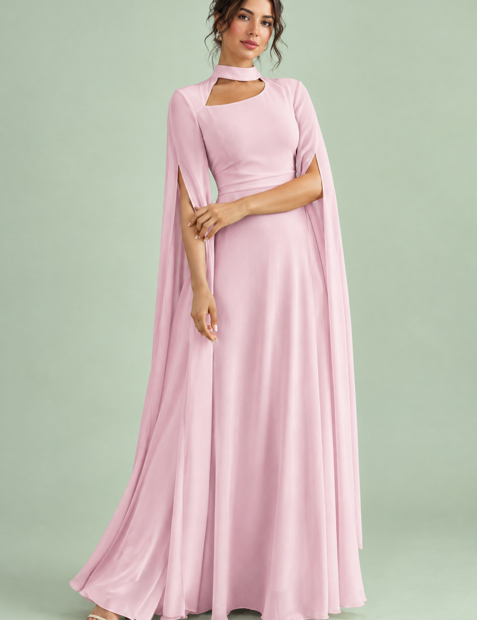 Robe longue rose à encolure carrée et manches cape | Vue de face | Lounelle Paris