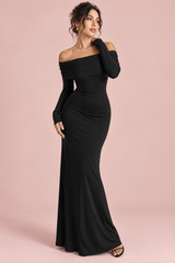 Black Asymmetric Draped Off-the-Shoulder Open-Back Maxi Dress