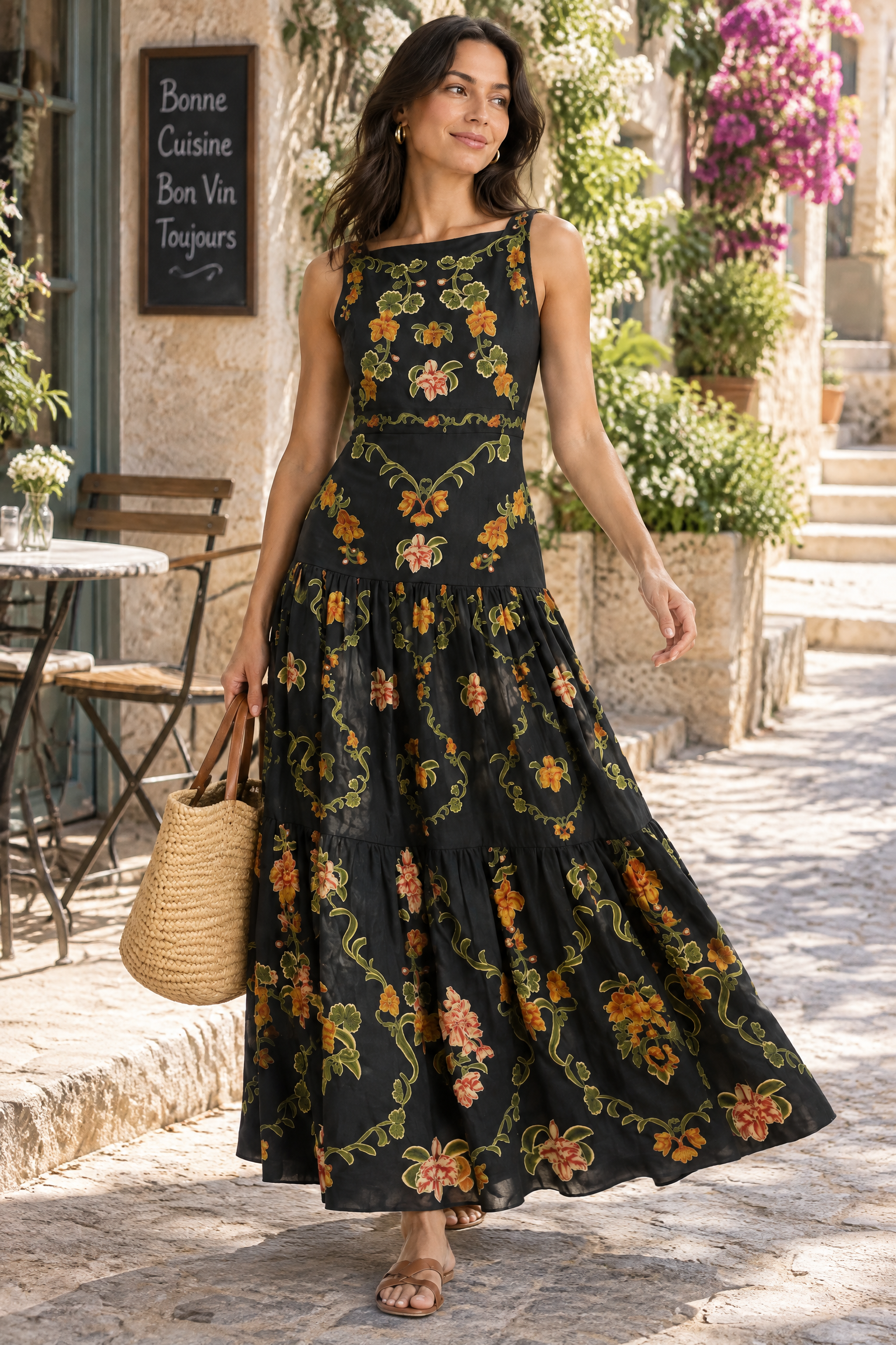 Robe longue noire fleurie à volants | Photo lifestyle | Lounelle Paris