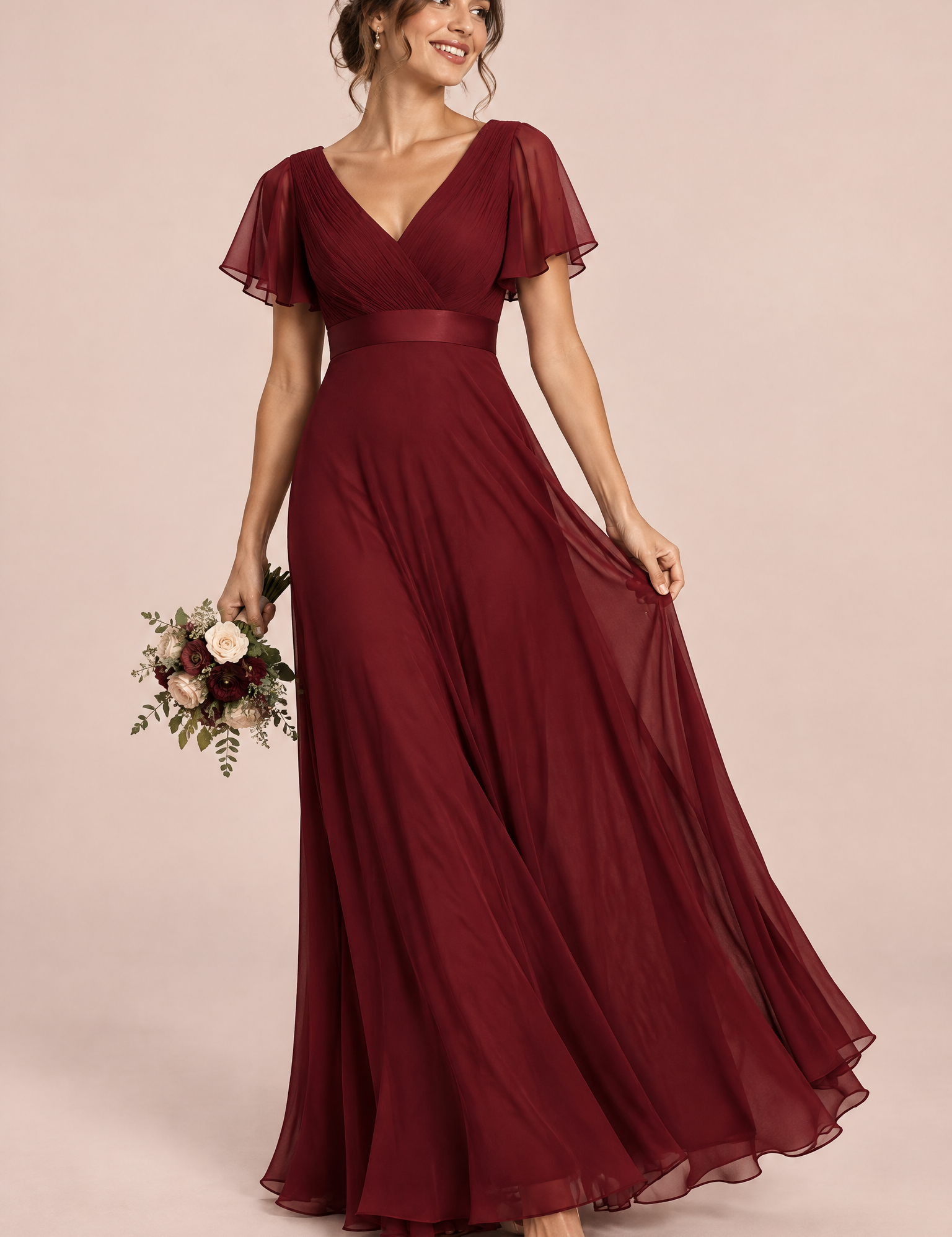 Robe longue plissée bordeaux à col V | Vue de face | Lounelle Paris