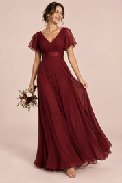 Robe longue plissée bordeaux à col V | Vue de face | Lounelle Paris
