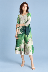 Robe midi plissée verte à imprimé abstrait