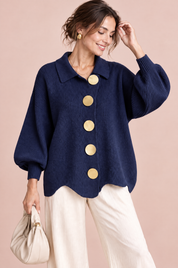 Cardigan oversize bleu marine à col | Vue rapprochée | Lounelle Paris