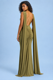 Robe longue verte à col bateau, manches cape et dos nu | Vue de dos | Lounelle Paris