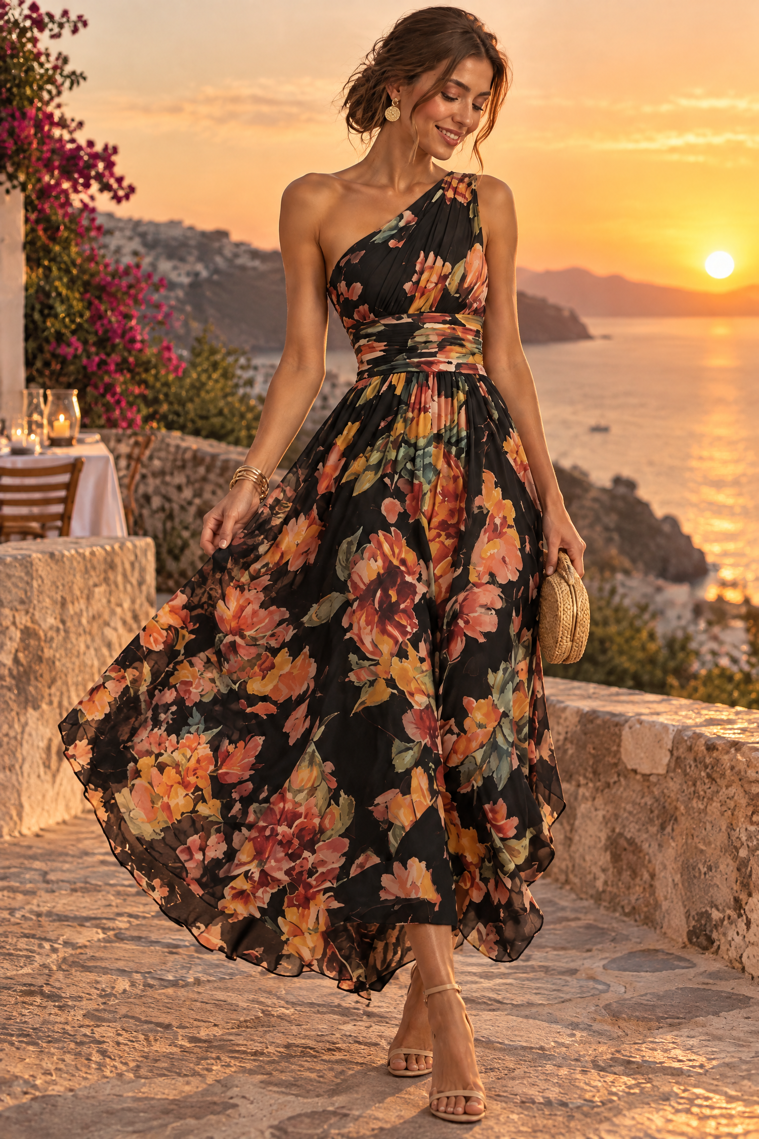 Robe noire fleurie à une épaule | Deuxième photo lifestyle | Lounelle Paris