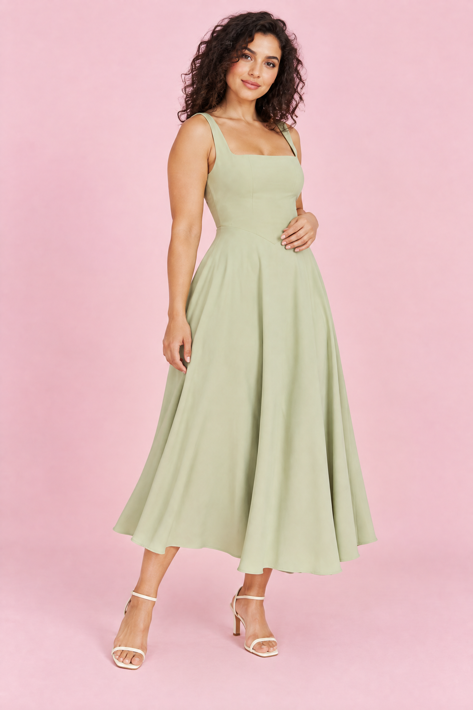 Robe midi verte à fines bretelles et ourlet ample | Porté sur une autre silhouette | Lounelle Paris