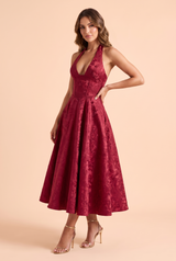 Jacquard Halter Midi Dress Burgundy