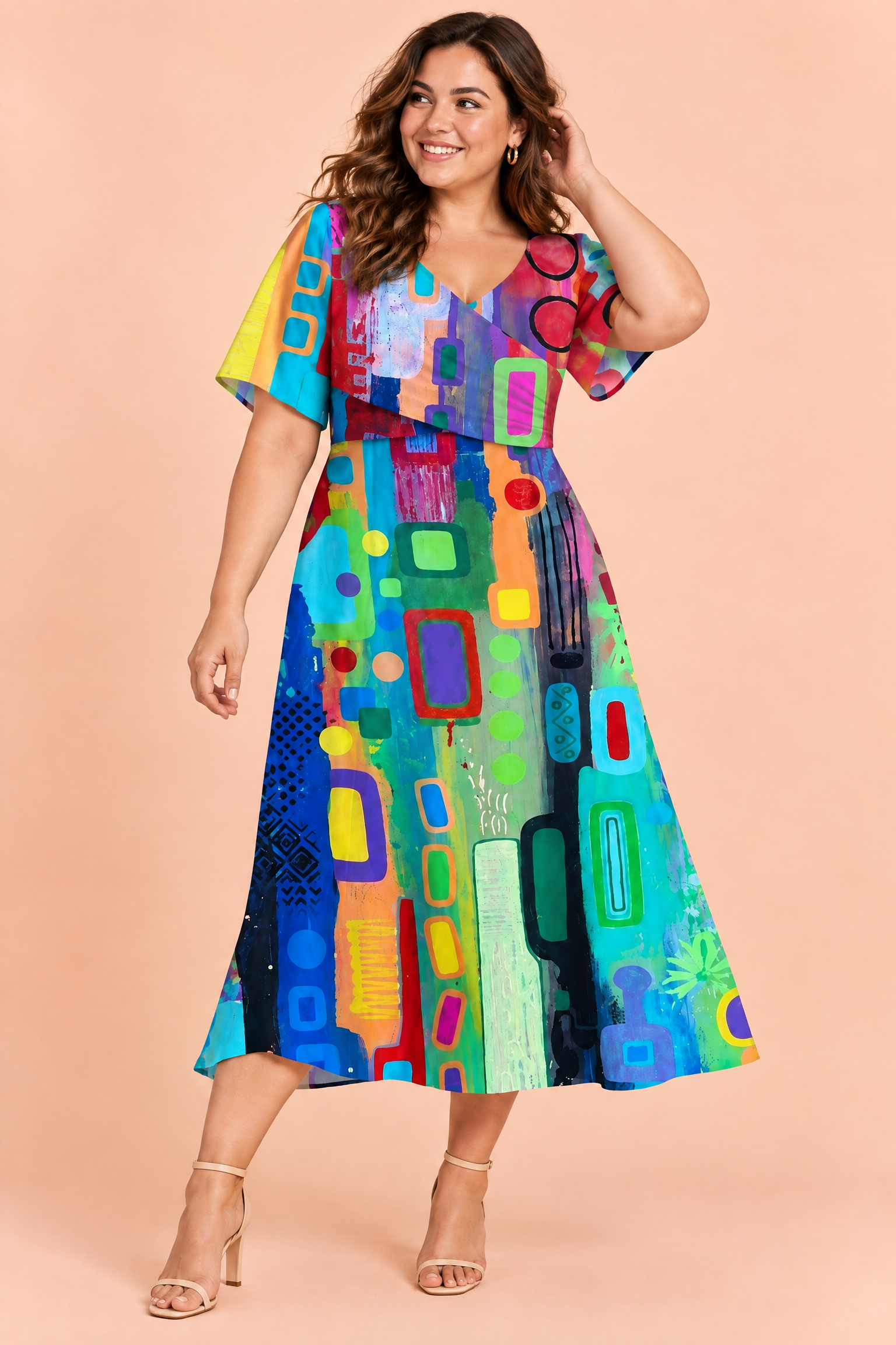 Robe longue bleue à col V | Porté sur une silhouette plus ronde | Lounelle Paris