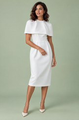 White fitted midi dress with boat neckline and short cape