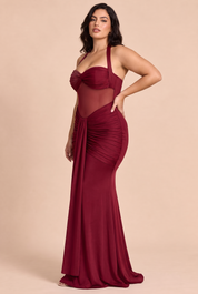 Robe longue bordeaux froncée à encolure dos nu | Porté sur une autre silhouette | Lounelle Paris