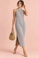 Grey Sleeveless Pleated Slit Midi Dress