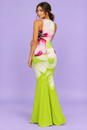 Robe longue verte imprimée coquelicots à encolure Bardot | Vue de dos | Lounelle Paris