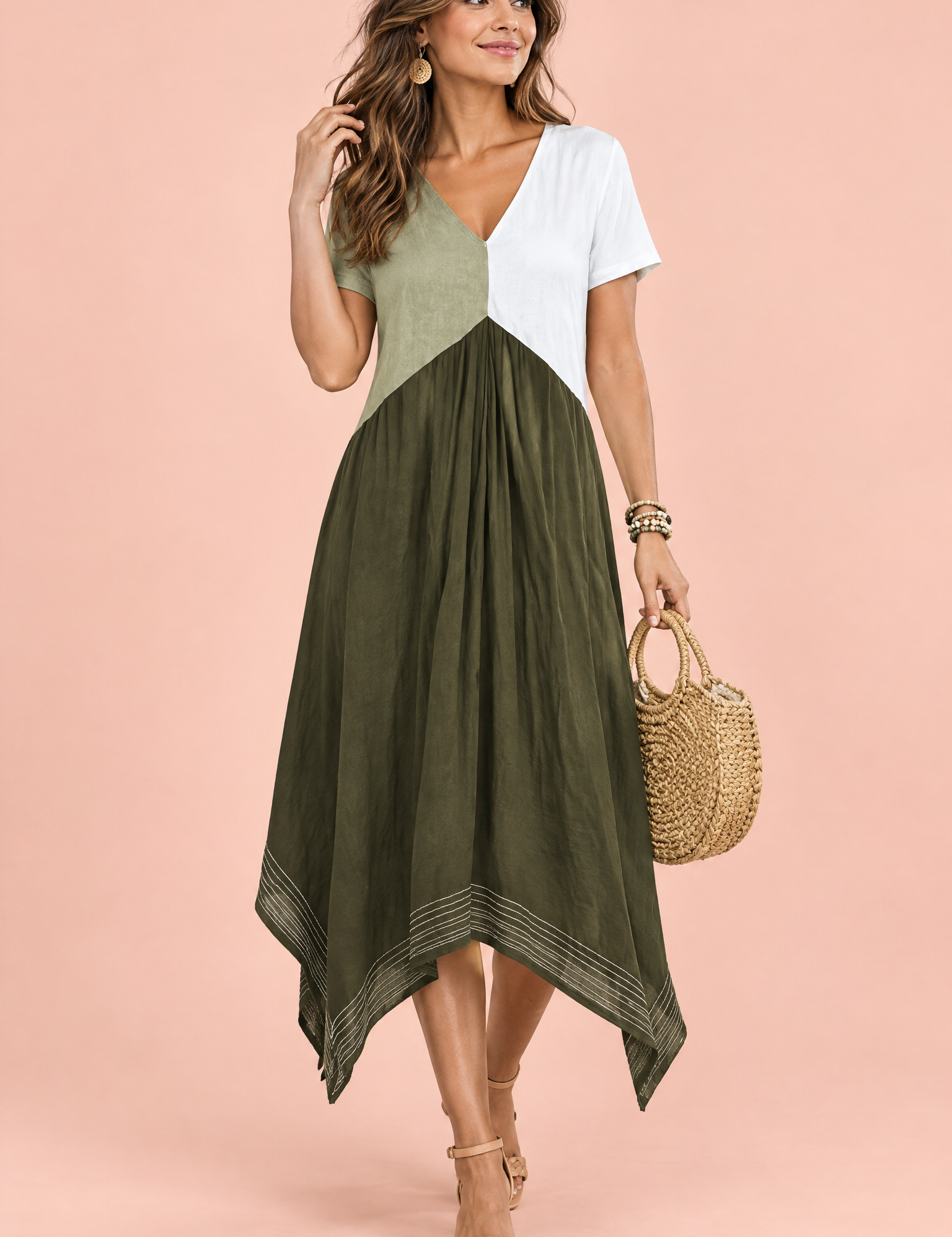 Robe midi verte asymétrique à col V | Vue de face | Lounelle Paris