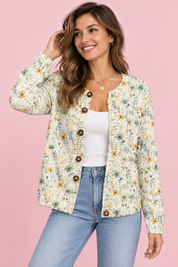 Cardigan fleuri boutonné blanc cassé | Vue de face | Lounelle Paris