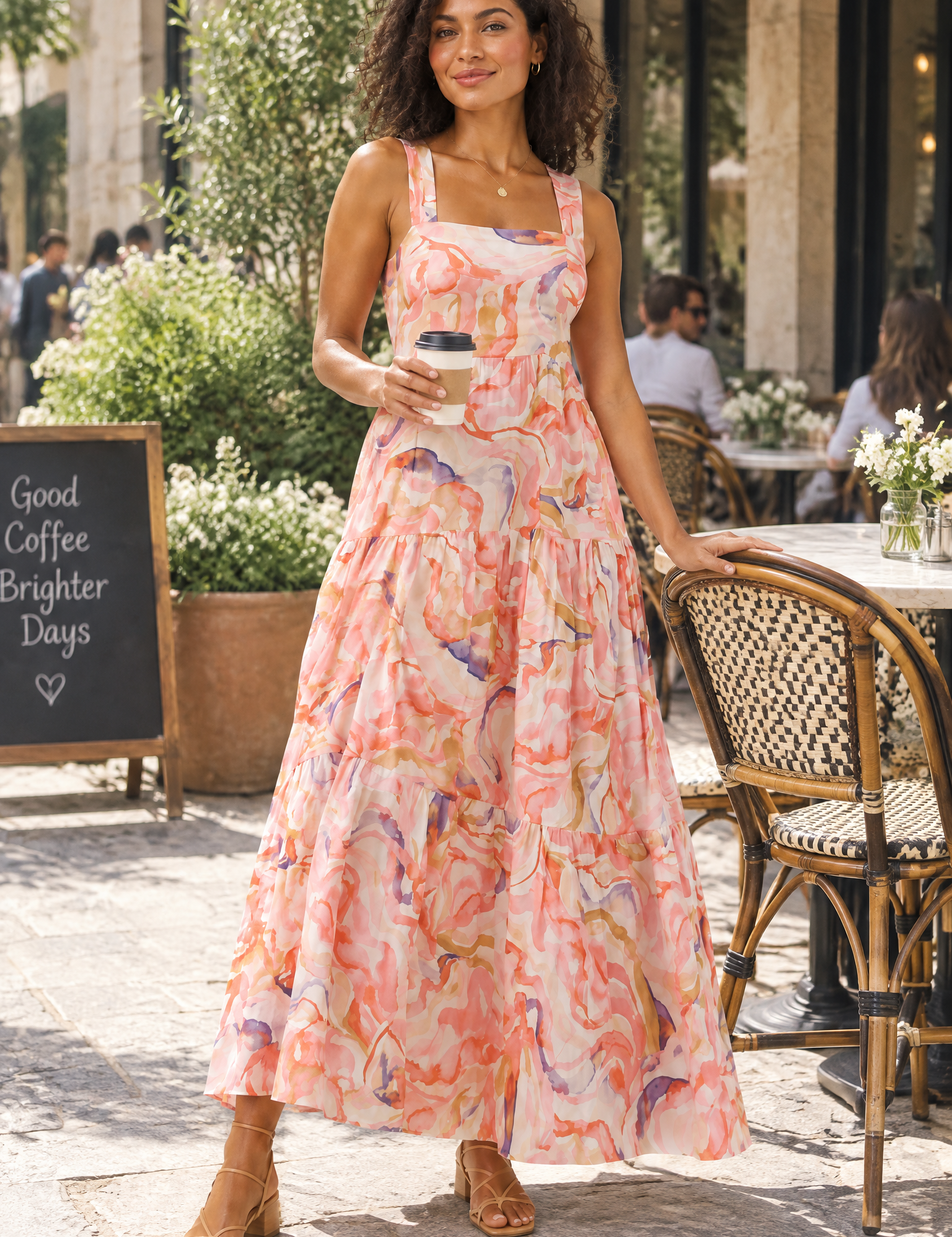 Robe midi rose à imprimé porcelaine et encolure carrée | Photo lifestyle | Lounelle Paris